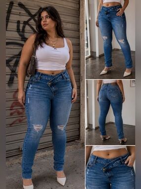 Asymmetrical Waist Distressed Stretch Jeans | XL | Fits 14–16 | High Rise Skinny